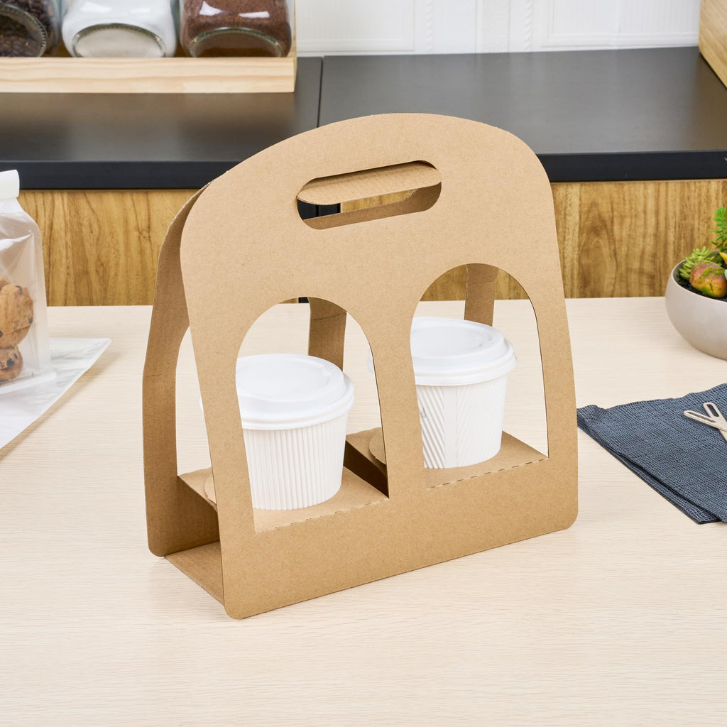 Restaurantware Bio Tek Drink Carriers 100 Disposable Cup Carriers With Handles - Holds 2 Cups For Delivery Or To Go Kraft Paper Drink Holders Built-In Handle Fits Multiple Beverages