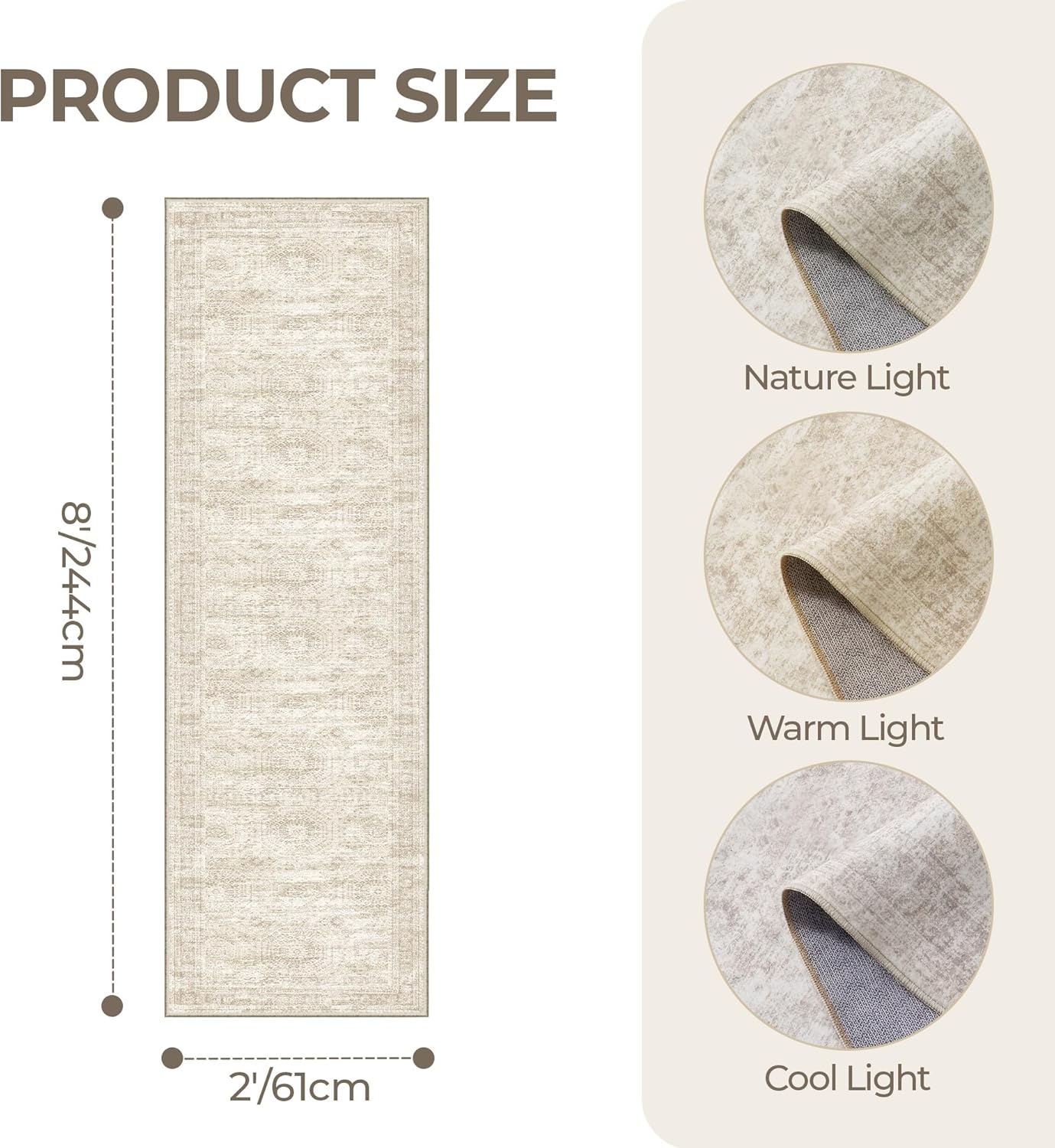 Skiennix Rug Runners for Hallways - Non-Slip 2x8 Runner Rug, Washable Soft Low-Pile Carpet in Beige/Ivory