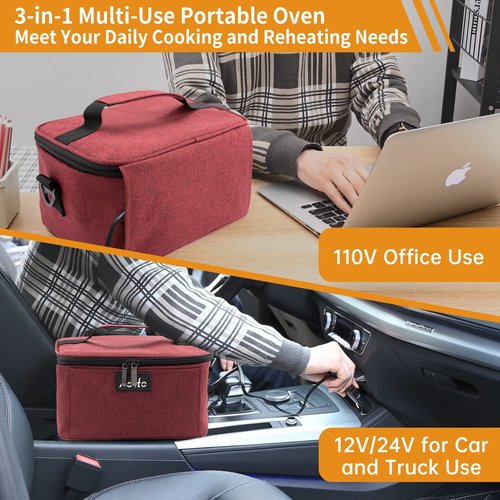 Portable Food Warmer Personal Mini Portable Oven - 12V 24V 110V 3-in-1 Electric Heated Lunch Box for Work, Car, Truck, Travel, Hotel, Potlucks, Home Kitchen Bundle (Black and Red)