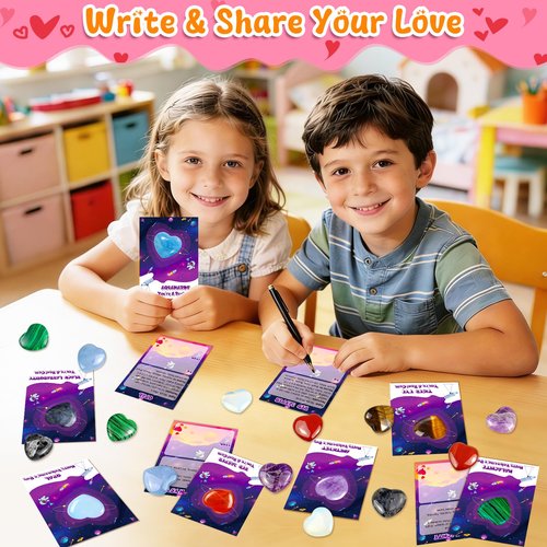 iMopo 28 Pcs Valentines Day Gifts for Kids Classroom - Heart Gemstones with Valentines Cards Goodie Bags, Crystal Rocks Bulk Exchange Party Favors for Girls Boys, School Teacher Prizes