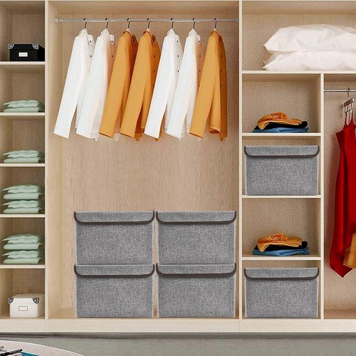 Bagnizer Foldable Storage Bin - 22 Quart Linen Organizer with Flip-Top Lid & Handles | Gray, 4 Pack (14.6 x 9.5 x 9.5”)