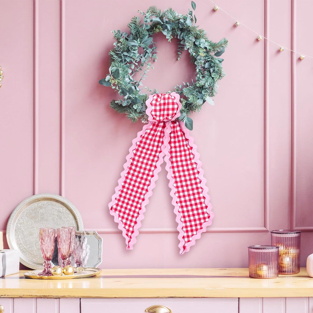 Whaline Wreath Sash Set - White & Red Plaid Garland Ribbons for Holiday & Wedding Decor | 2 Pieces