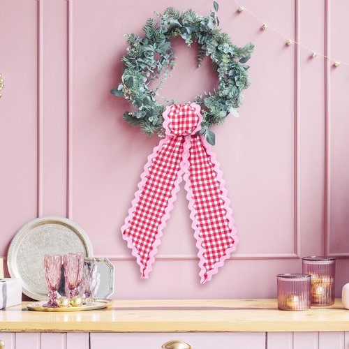 Whaline 2Pcs Wreath Sash for Front Door White Red Plaid Garland Ribbon for Holiday Wedding Birthday Party Home Decor Indoor Outdoor