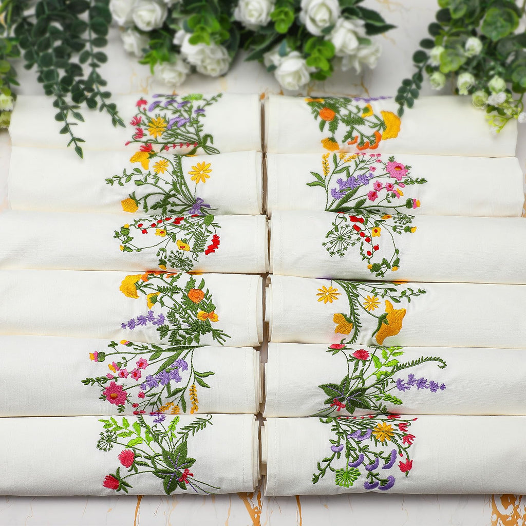 Tioncy 18 Pcs Floral Embroidery Napkins 18" Embroidery Flower Linen Cotton Napkin Bulk for Wedding Tea Cocktail Spring Flower Birthday Party Table Centerpiece Mexican Kitchen Curtain Decor (White)