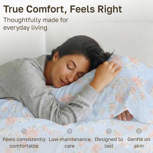California Design Den Queen Size Bed Sheets Set - 400 TC Soft Cotton, Smooth Sateen Finish, Deep Pockets - Floral Blue/Pink