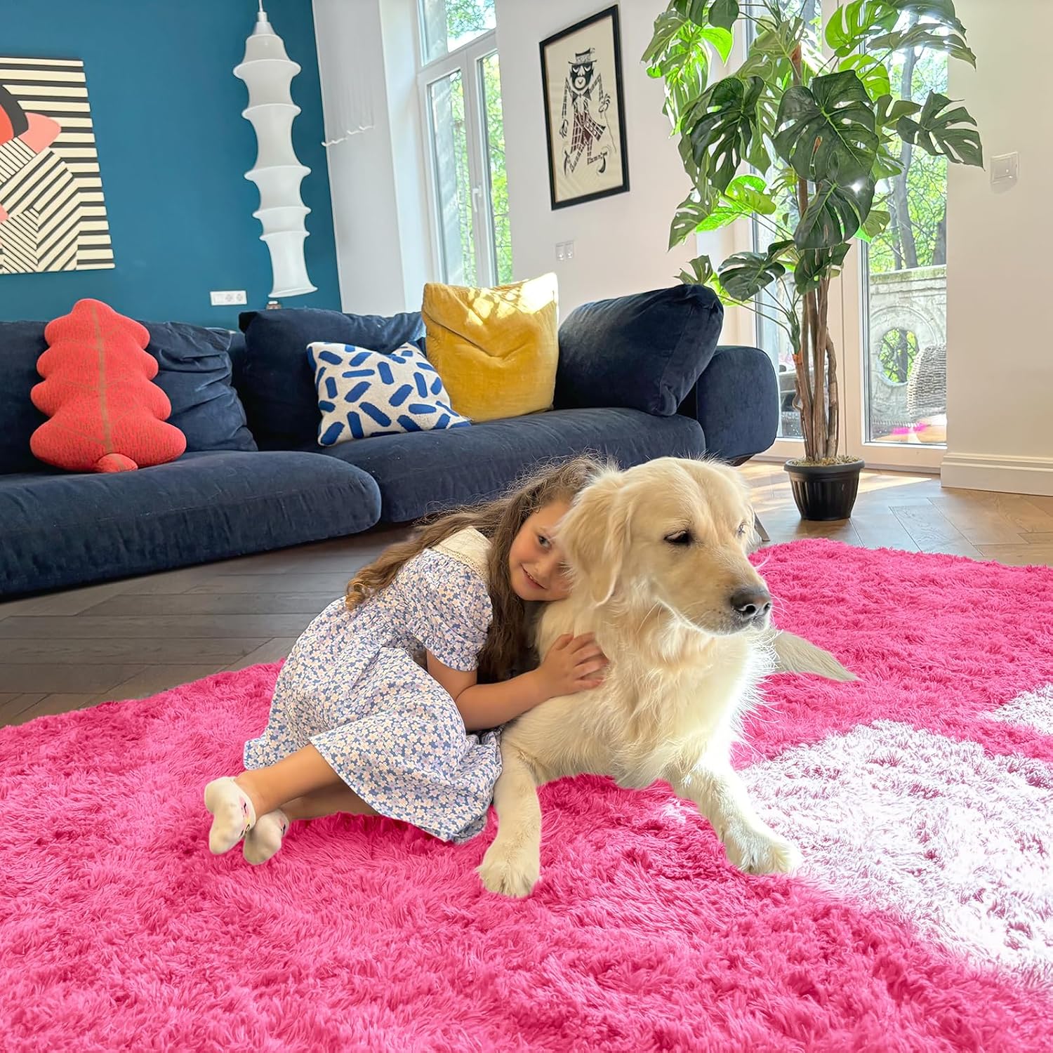 OLANLY Soft Fluffy Shaggy Bedside Rug - Machine Washable 3x5 for Kids & Nursery | Hot Pink Home Decor