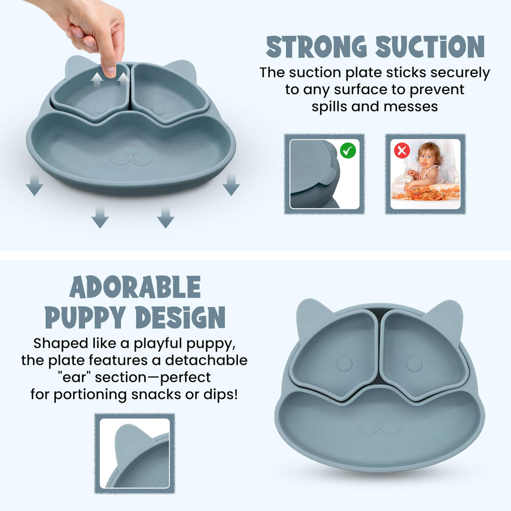 Baby Feeding Essentials, Baby Led Weaning Supplies, Silicone Baby Feeding Set, with Baby Spoon, Fork, Baby Bib, Sippy Cup, Suction Plate, Suction Bowl, Baby Eating Essentials, 6+ Months (Dusty Blue)