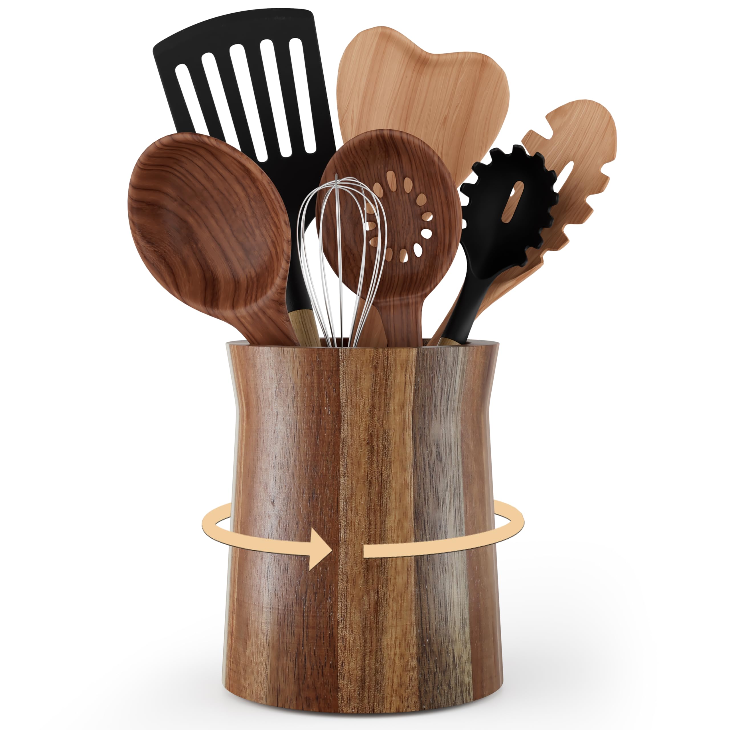 Segtenant Utensil Holder, Acacia Wood Utensil Holder for Kitchen Counter, 360° Rotating Cooking Utensil Crocks for Countertop, 7.2" Large Utensil Organizer for Spatula Storage