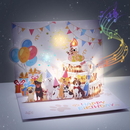 DERAKUS Dog Birthday Cards 3D Pop up Greeting Card with Lights & Woof Music & Blowable Candle Funny Birthday Gifts Card for Dog Lovers Women Men Kids Mom Dad