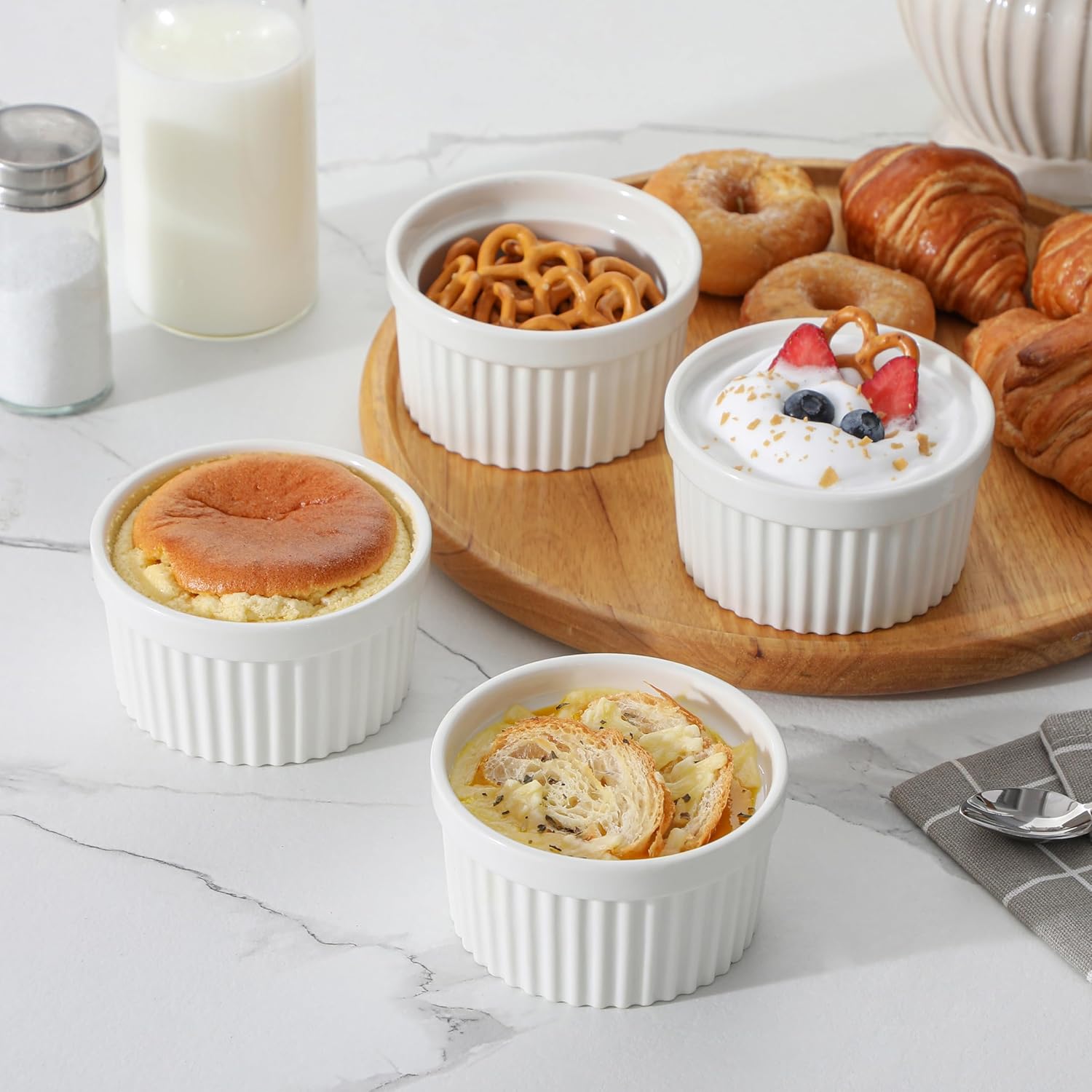 MALACASA Ramekins - 8 oz Oven Safe Porcelain Baking Cups | Set of 6 White Creme Brulee Dishes