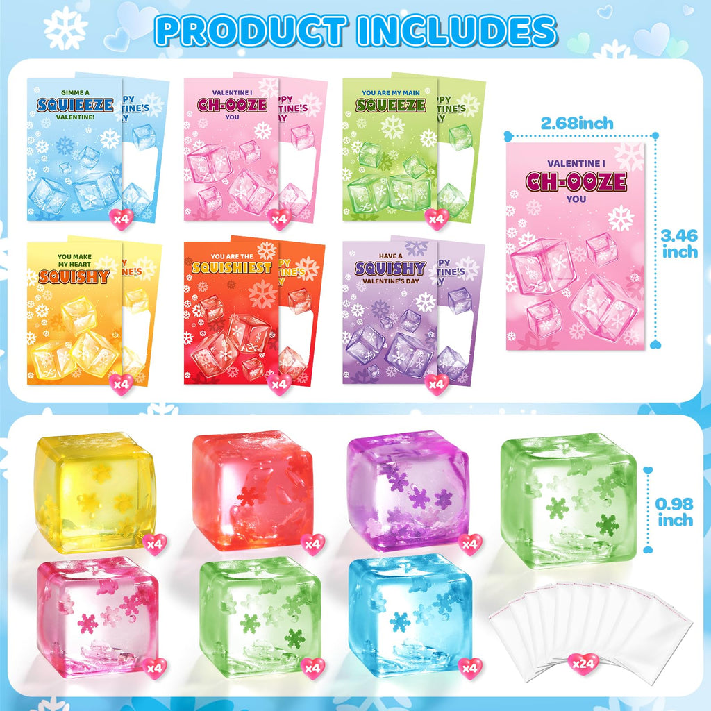 Valentines Day Cards Gifts for Kids School, 24 Pack Snow Cube Squeeze Balls with Greeting Cards for Kids Classroom Exchange Prizes, Stretchy Toy Balls Bulk Gift, Squeeze Fidget Toy for Party Favors