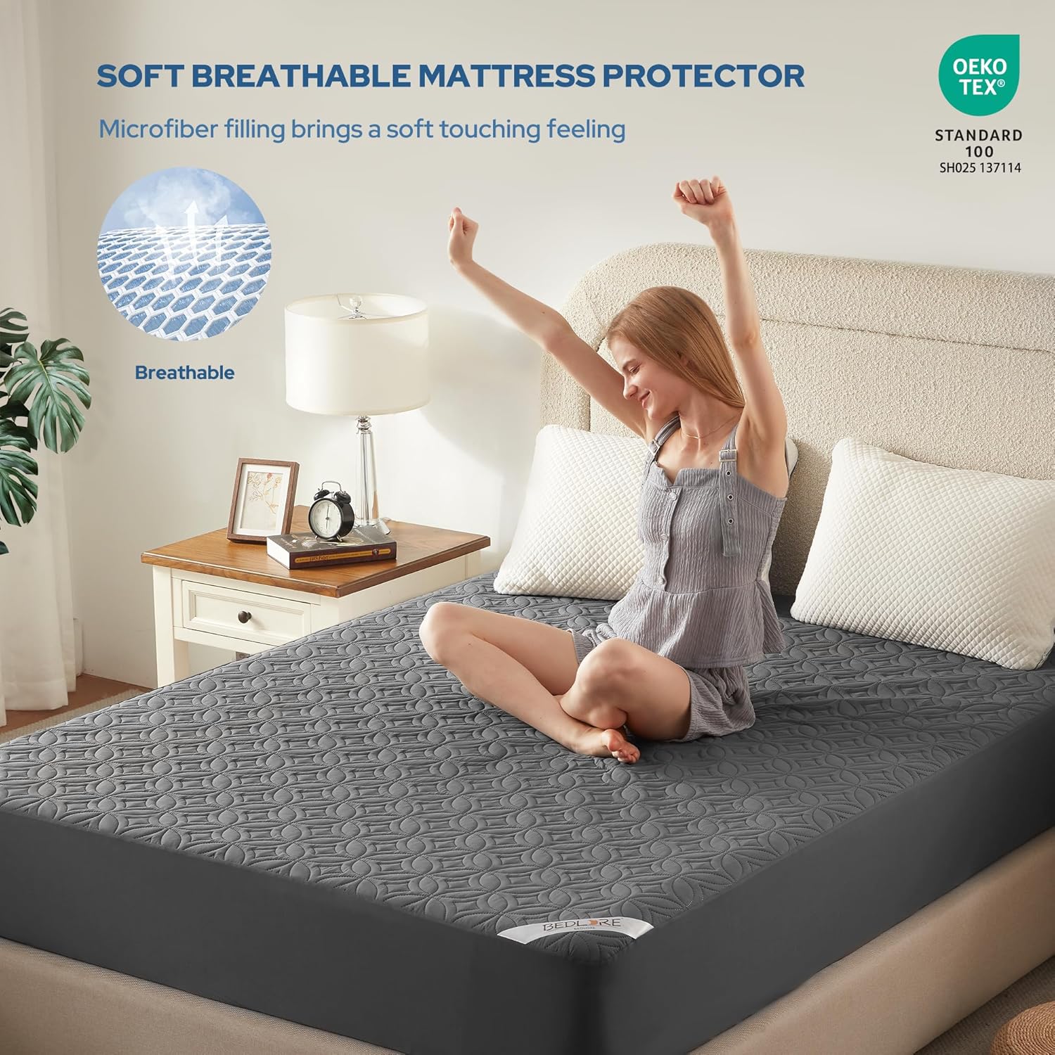 BEDLORE Waterproof Mattress Protector - Full Size Deep Pocket Pad (6"-15" Depth) - Soft & Breathable Gray Cover
