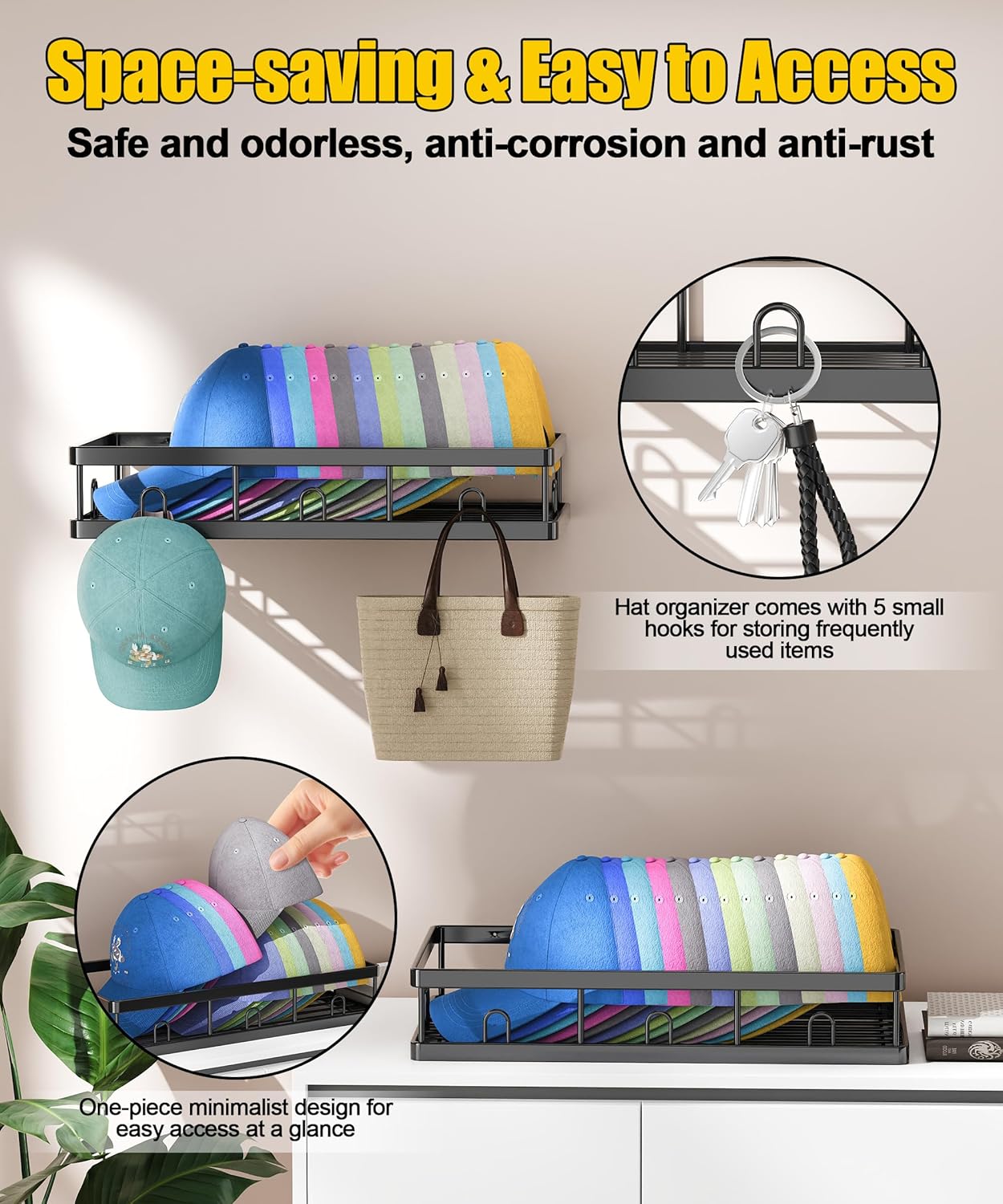 Metal Hat Rack by [Brand Name] - Sturdy Wall Organizer with 40 Hooks for Baseball Caps | Black