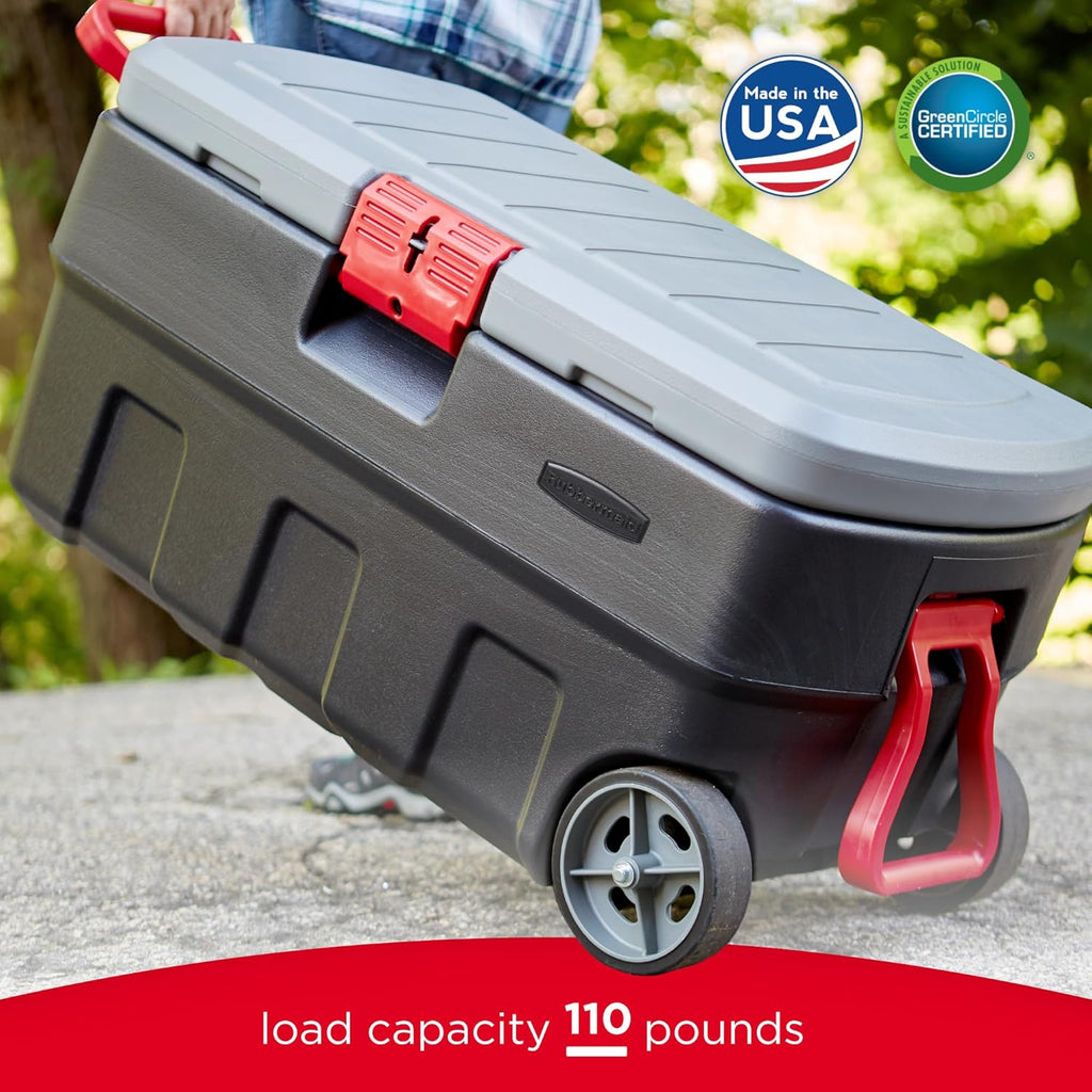 Rubbermaid ActionPacker 35 Gallon Storage Bin - Lockable, Durable Plastic with Wheels for Outdoor Gear | Gray & Black