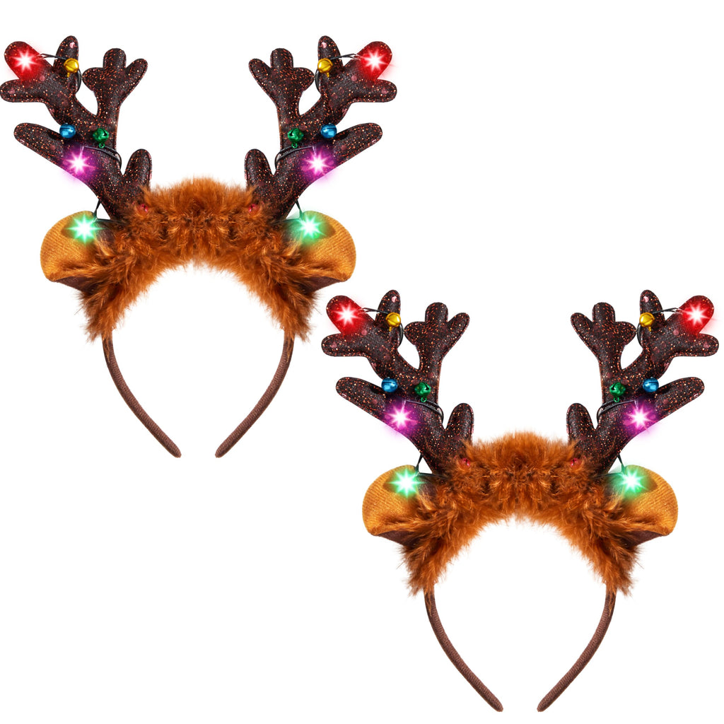 JOYIN Christmas 2Pcs Light Up Headband, Cute Reindeer Headband with LED Bulbs for Adult Kids Party Favor Supplies Xmas Accessories Christmas Holiday