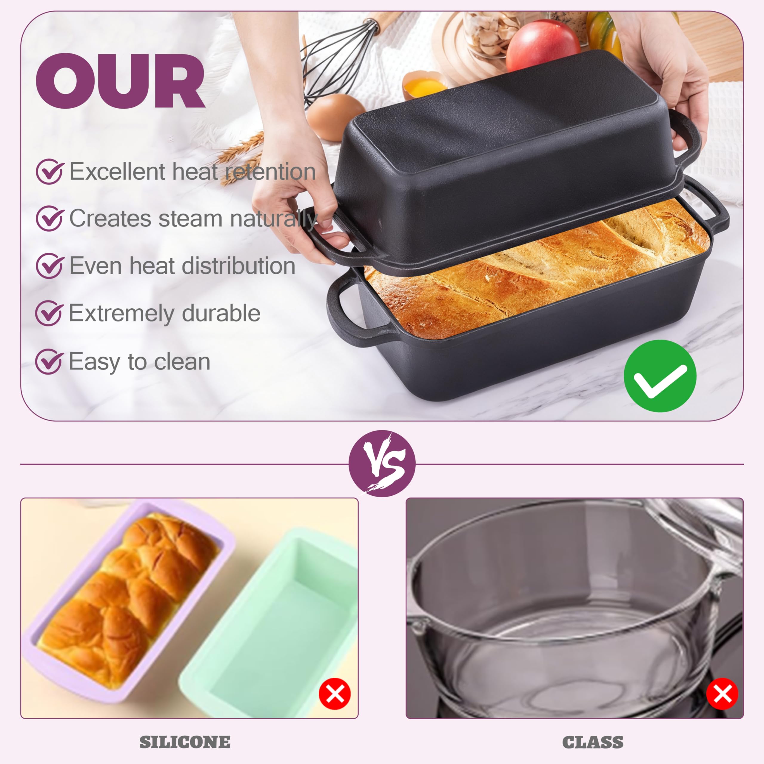 Vanderlume 11x5 Inch Cast Iron Loaf Pan with Lid, Large Dutch Oven Bread Loaf Pan for Sourdough, Homemade Bread Baking, Even Heat Distribution, 5.8Qt