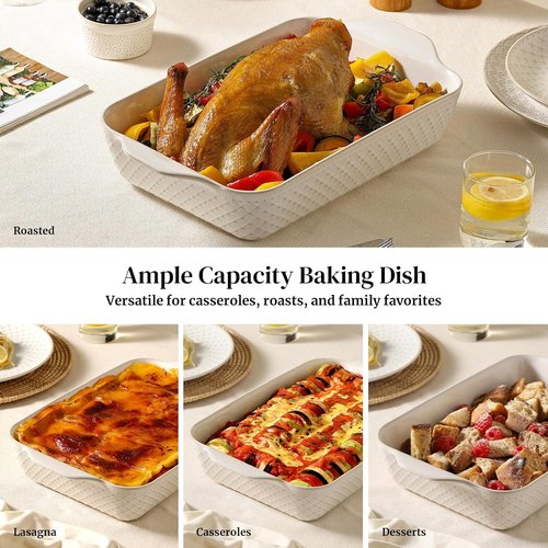 DOWAN 9x13 Deep Lasagna Baking Dish - Durable Ceramic Casserole Pan, 4 Quarts, Oven Safe, Arctic White