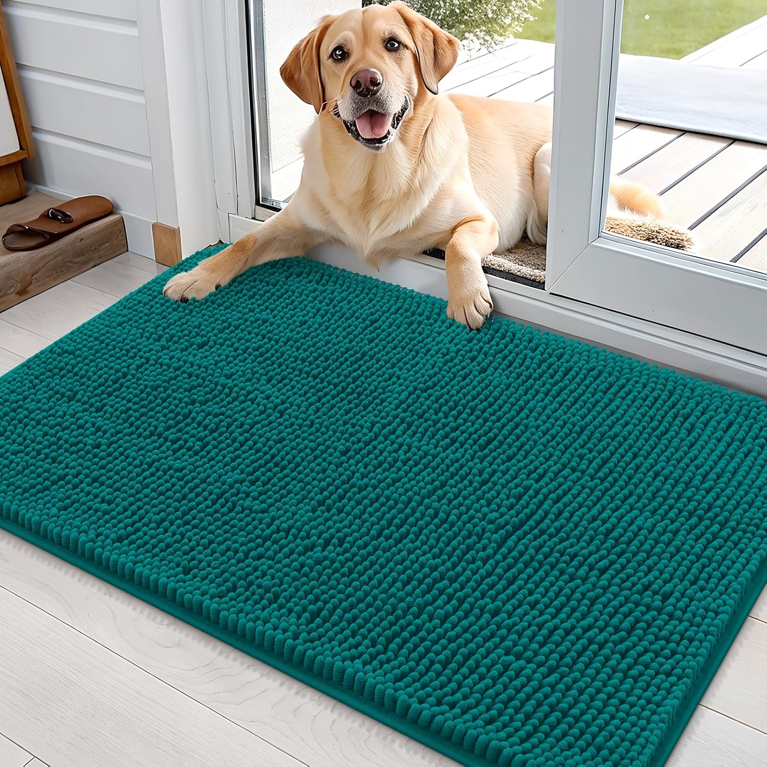 OLANLY Dog Door Mat - Absorbent Non-Slip Washable Doormat for Muddy Paws | 36x24, Quick Dry Chenille, Lake Blue