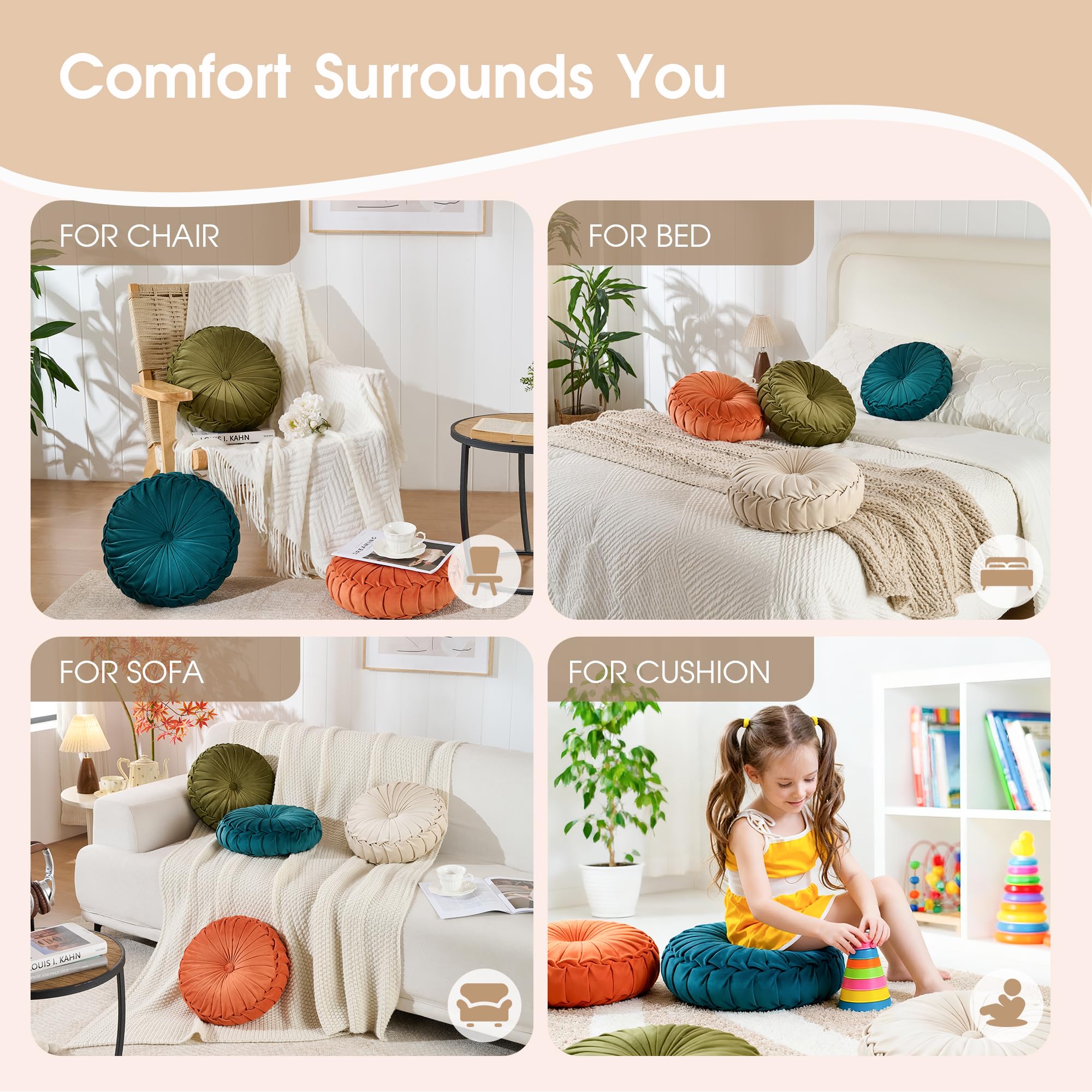 ROSE&RISY Round Pleated Velvet Throw Pillow, 1 Pack Decorative Accent Pumpkin Pillow Cushion for Couch Sofa Chair Bed Car Home Decor (14.5 Inch, Cream)