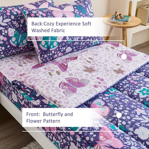 Anibedding 3Pcs Zip Up Bedding Comforter Set for Girls, Purple Butterfly All in One Zipper Full Bedding Set with Pillowcase for Kids