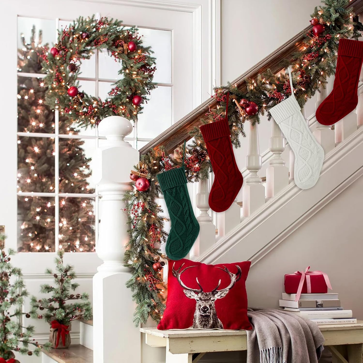 Personalized Christmas Stocking,18 Inches Knit Christmas Stockings,Knit Stockings Christmas,Large Size Cable Knitted Stocking for Gifts and Fireplace Christmas Holiday Party Decoration (Red)