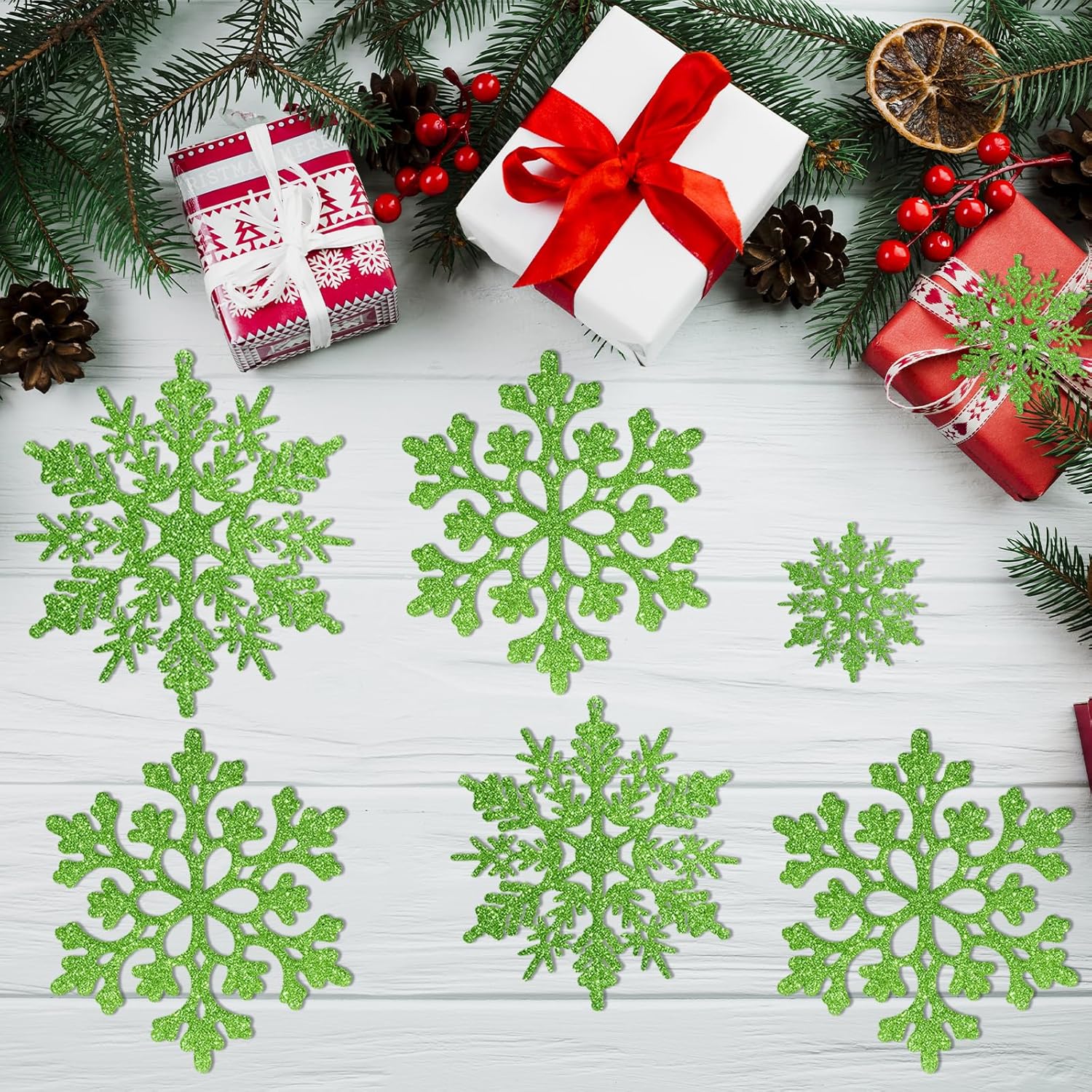 Skiennix 36pcs Christmas Lime Green Snowflake Ornaments - Durable Plastic Hanging Decor for Winter Wonderland & Holiday Home Decor