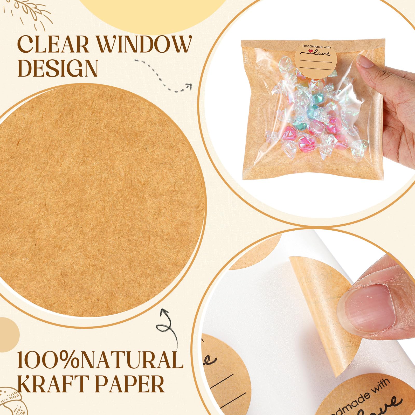 Outus 100 Pcs Cookie Packaging Bags with Seal, 4 x 4 Inch Bakery Pastry Bags with Window, Heat Sealable Grease Resistant Paper to Go Bake Sleeves for Gift Giving Donut Bread Sandwich (Brown)