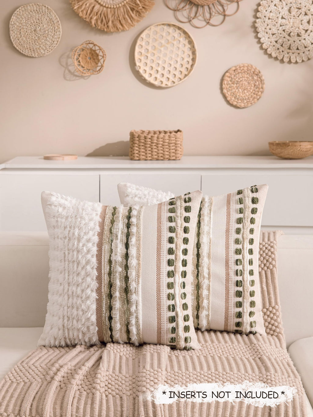 KOOLIFE Boho Chenille Tufted Couch Throw Pillow Covers 18x18 Inch Set of 2 Farmhouse Striped Decorative Pillow Covers Accent Neutral Square Pillowcase Green Cushion Covers for Livingroom Sofa Bed