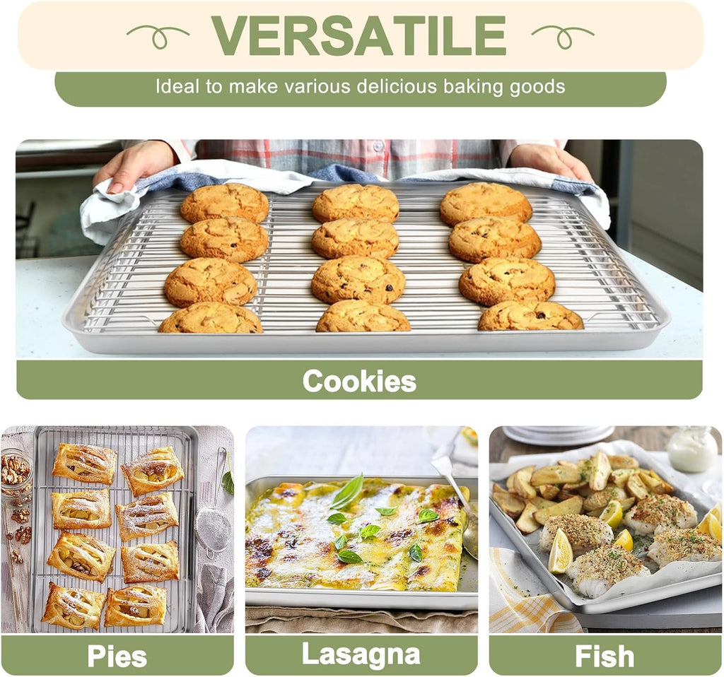 TeamFar Baking Sheet Set - 3 Stainless Steel Cookie Sheets with Racks | Non-Toxic, Heavy Duty, Dishwasher Safe, 16/12.5/9 Inch
