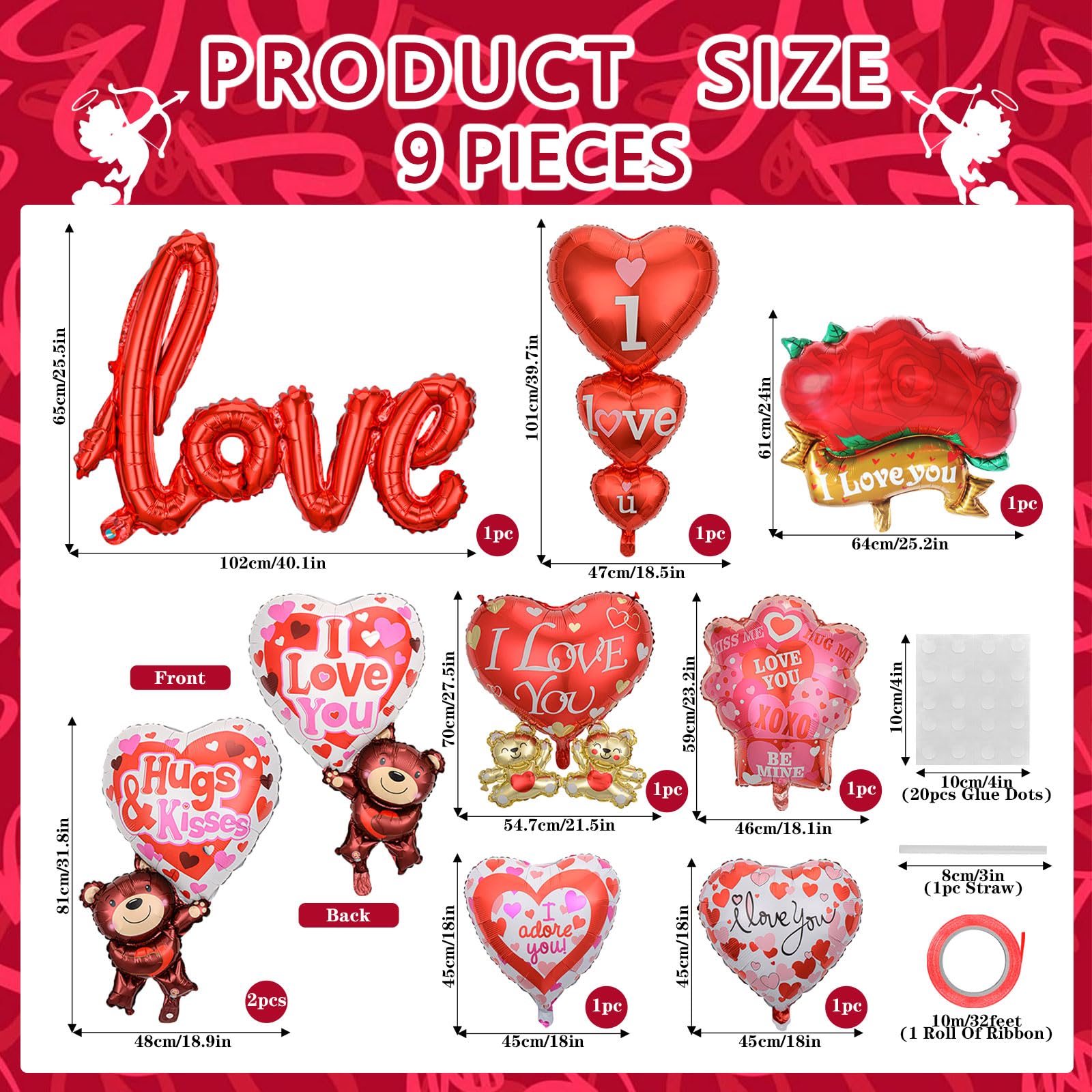 9 Pcs Valentines Balloons I Love You Foil Balloons 40 Inch Love Mylar Balloon Heart Shaped Balloon Propose Marriage Wedding Anniversary Valentines Day Decorations Supplies