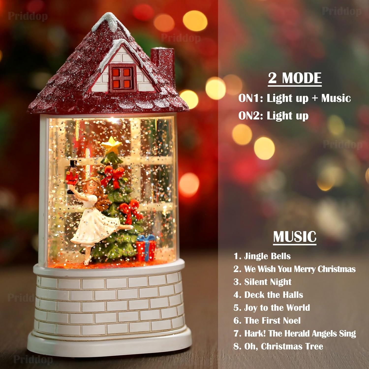 Priddop Snow Globe | Musical Nutcracker Ballerina Christmas Decoration with Glitter - USB/Battery Powered