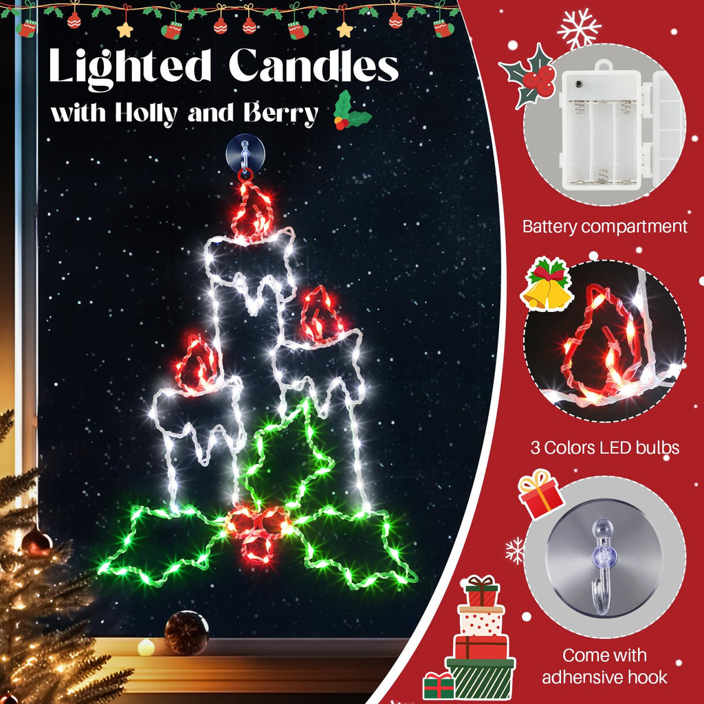 Enhon 15.8" Christmas Window Silhouette Light, Battery Operated Lighted Candles with Holly and Berry, 8 Modes Christmas Silhouette Light with Timer, for Xmas Holiday Indoor Outdoor Decor(1 Pack)