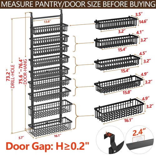 POKIPO 9 Tier Over The Door Pantry Organizer, 2 in 1 Wall Mount or Hanging Spice Rack with Adjustable Basket, Seasoning Organizer and Storage for Kitchen Cabinet Closet Bathroom