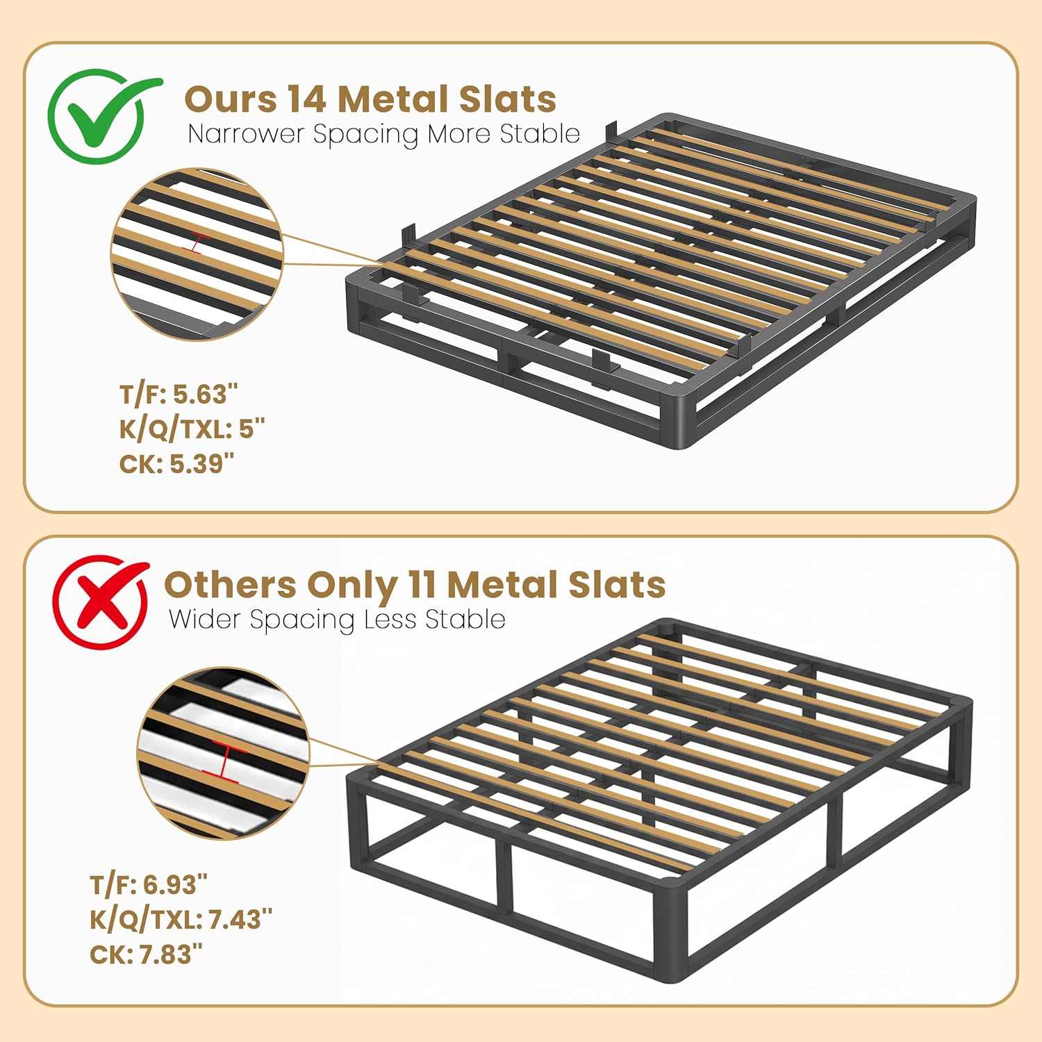 Skiennix 6-Inch Queen Bed Frame - Squeak-Free U-Slot Design with Heavy-Duty Steel Support | Black