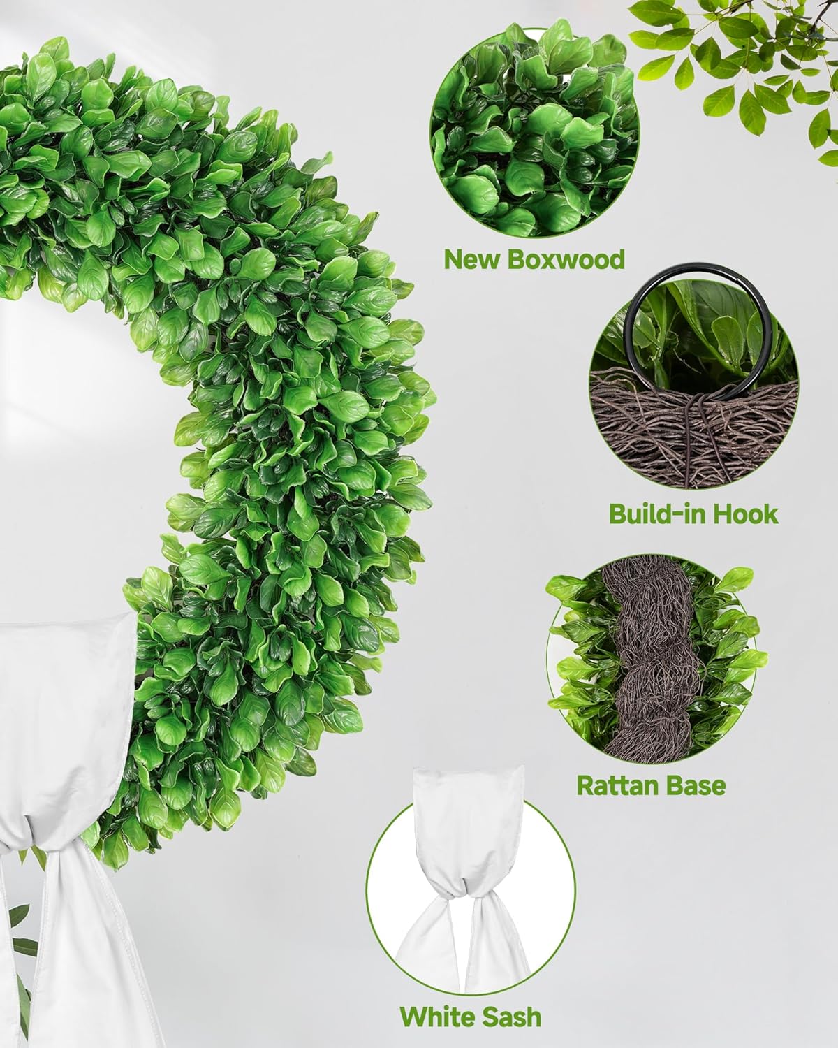 Vlorart 24-Inch Faux Boxwood Wreath - Weatherproof Spring & Summer Decor for Indoor/Outdoor Use