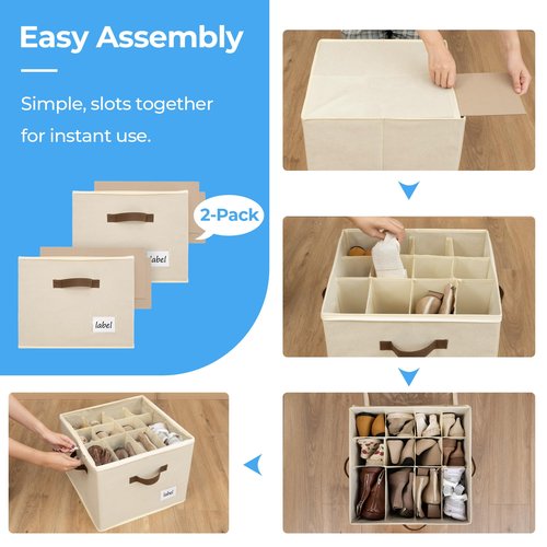 Cupic Cupid 2 Pack Shoe Organizer for Closet, Fits up to 12 Pairs, Shoe Cubby Storage Containers with Clear Cover, Oatmeal