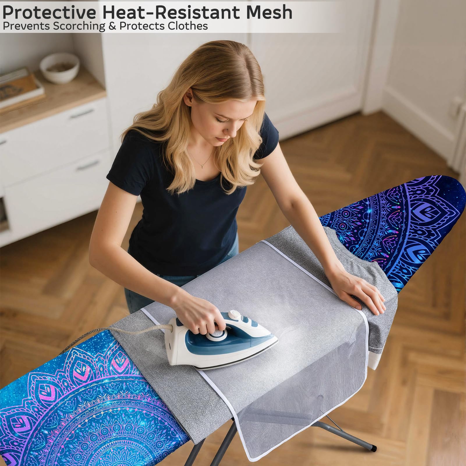 FIOBEE Ironing Board Cover and Pad Extra Thick Iron Board Pad with Heat-Resistant Mesh Padded Iron Board Covers Adjustable Buckle & Elastic Edges for 15x54 Standard Size (Ironing Board Not Included)