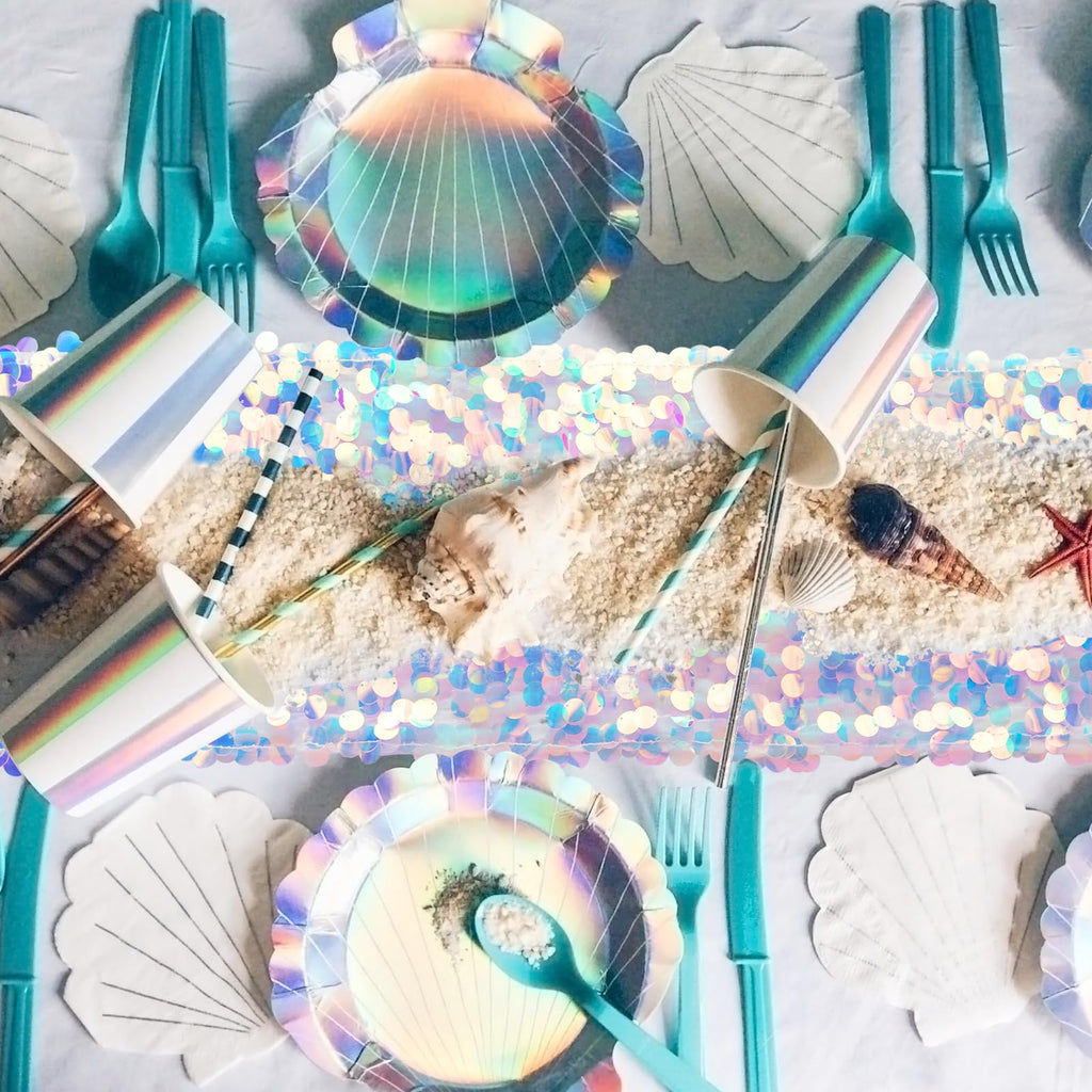 VHH Mermaid Party Table Runner, 12 x 84 inches Sequin Table Runners , Glitter Holographic Mermaid Tail Colorful Sequin Table Cover for Ocean Birthday Party (6 Pack).