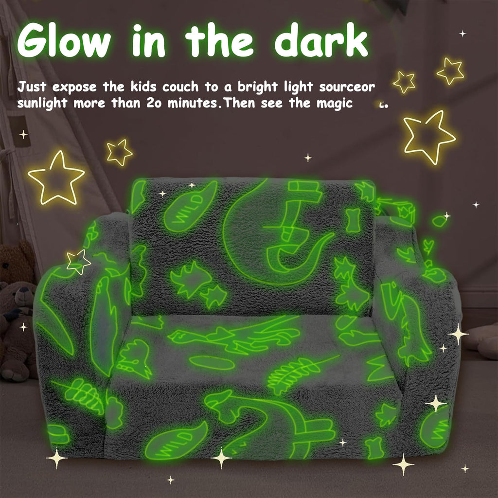 Poakkus 2-in-1 Soft Plush Toddler Couch & Chair – Fold Out Convertible Sofa to Lounger with Blanket, Glow-in-The-Dark Dinosaur Design for Boys & Girls, Playroom/Kids’ Bedroom