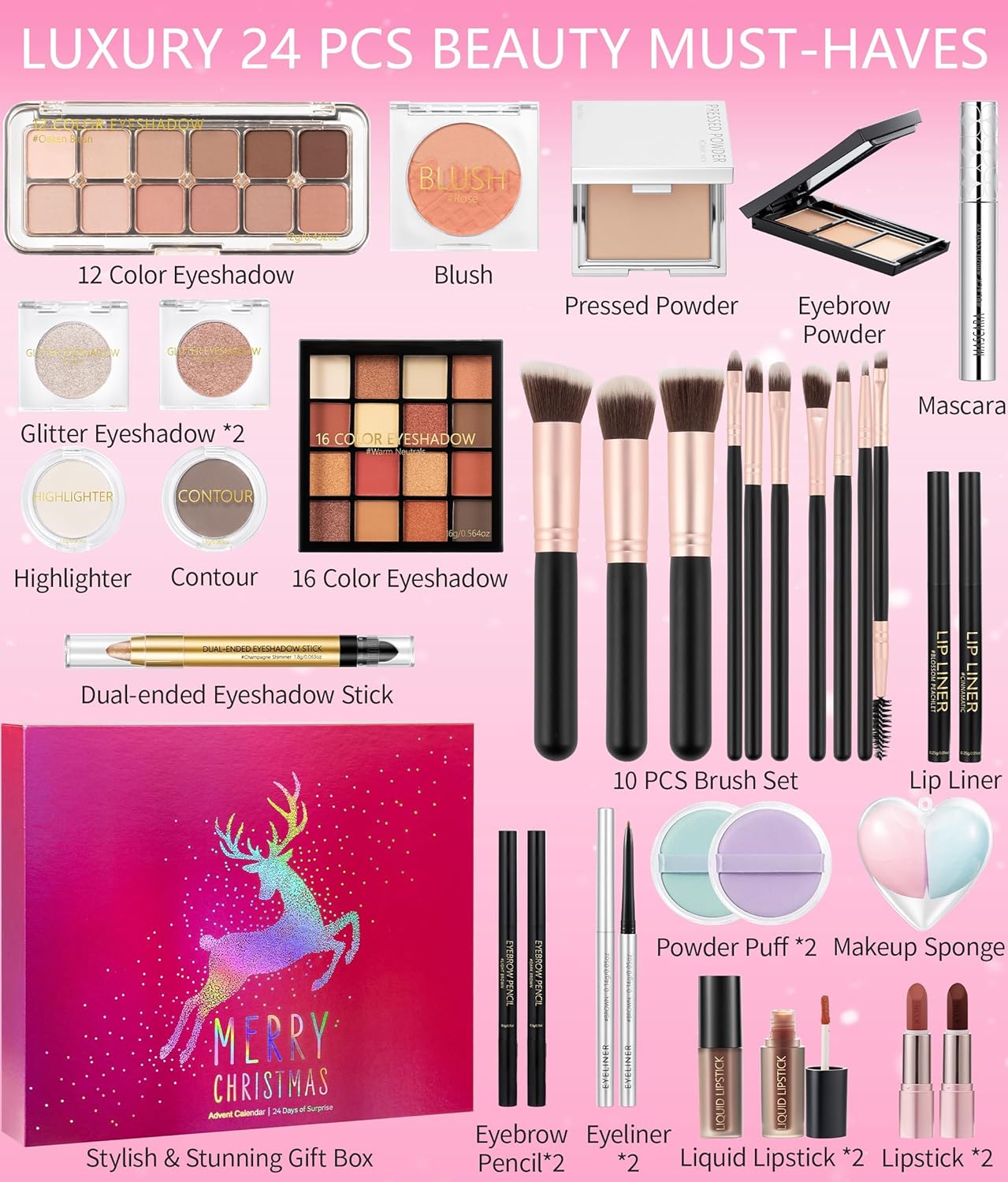 Qinline Makeup Advent Calendar 2025 | 24-Day Christmas Countdown for Women & Teens - Full Face Cosmetic Gift Set