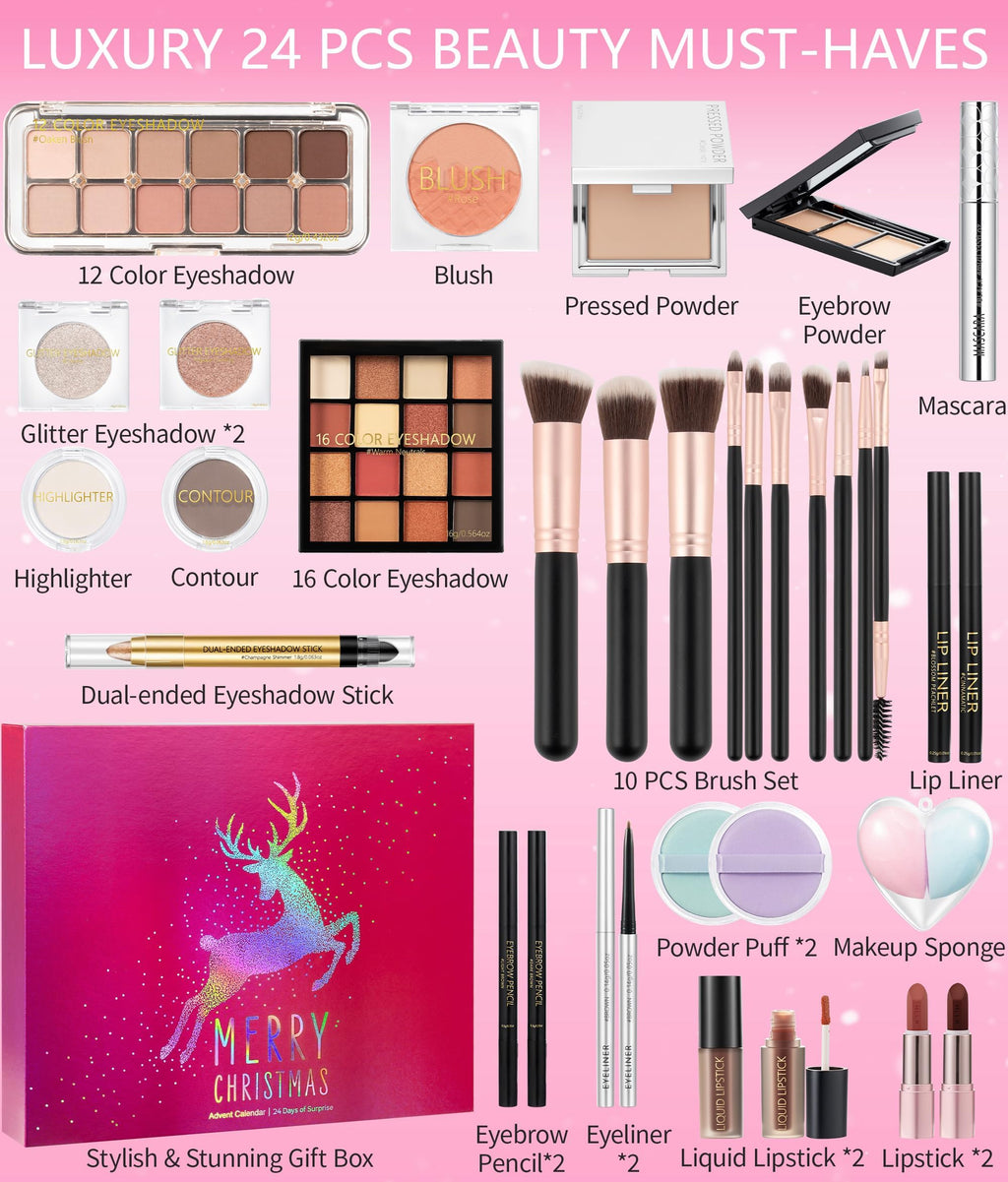 Qinline Makeup Beauty Advent Calendar 2025, 24 Days Christmas Countdown Calendar for Adults Women & Teen Girls - Cosmetic Advent Full Face Make Up Calendar Kit Xmas Gift Set for Wife Mom Friend Girlfriends