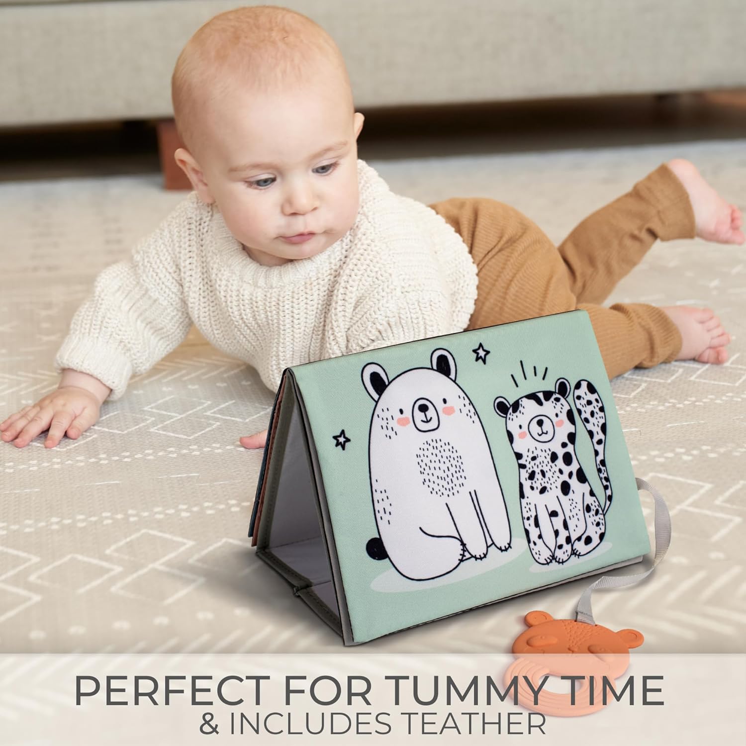 Skiennix Soft Tummy Time Book - High Contrast Montessori Toy with Safe Mirror & Crinkle Filling | Ideal for Newborn Development
