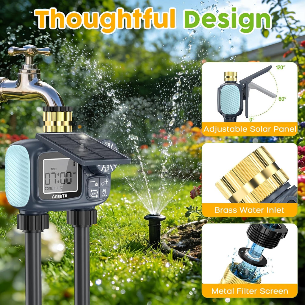 Skiennix Solar Sprinkler Timer - Programmable Brass Inlet Hose Timer for Efficient Garden Watering | 2 Outlets
