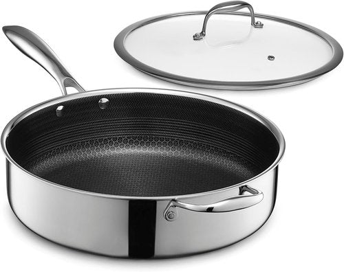 HexClad Hybrid Nonstick Deep Sauté Pan - 5.5-Quart with Glass Lid & Stay-Cool Handle | Oven-Safe & Induction Ready