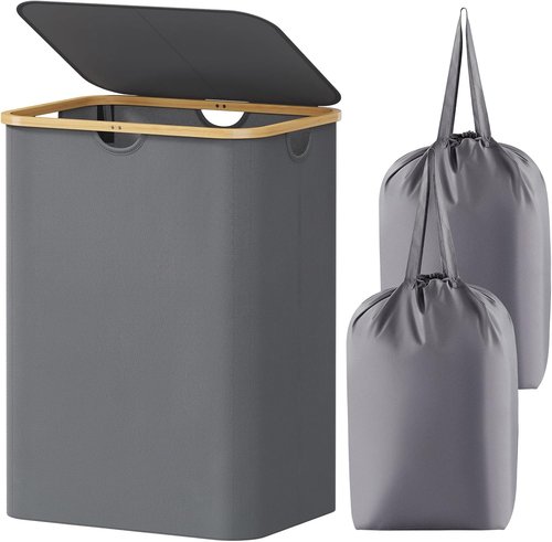 Lifewit 150L Laundry Basket - Foldable Hamper with Lid & Bamboo Handles | Grey with 2 Removable Bags