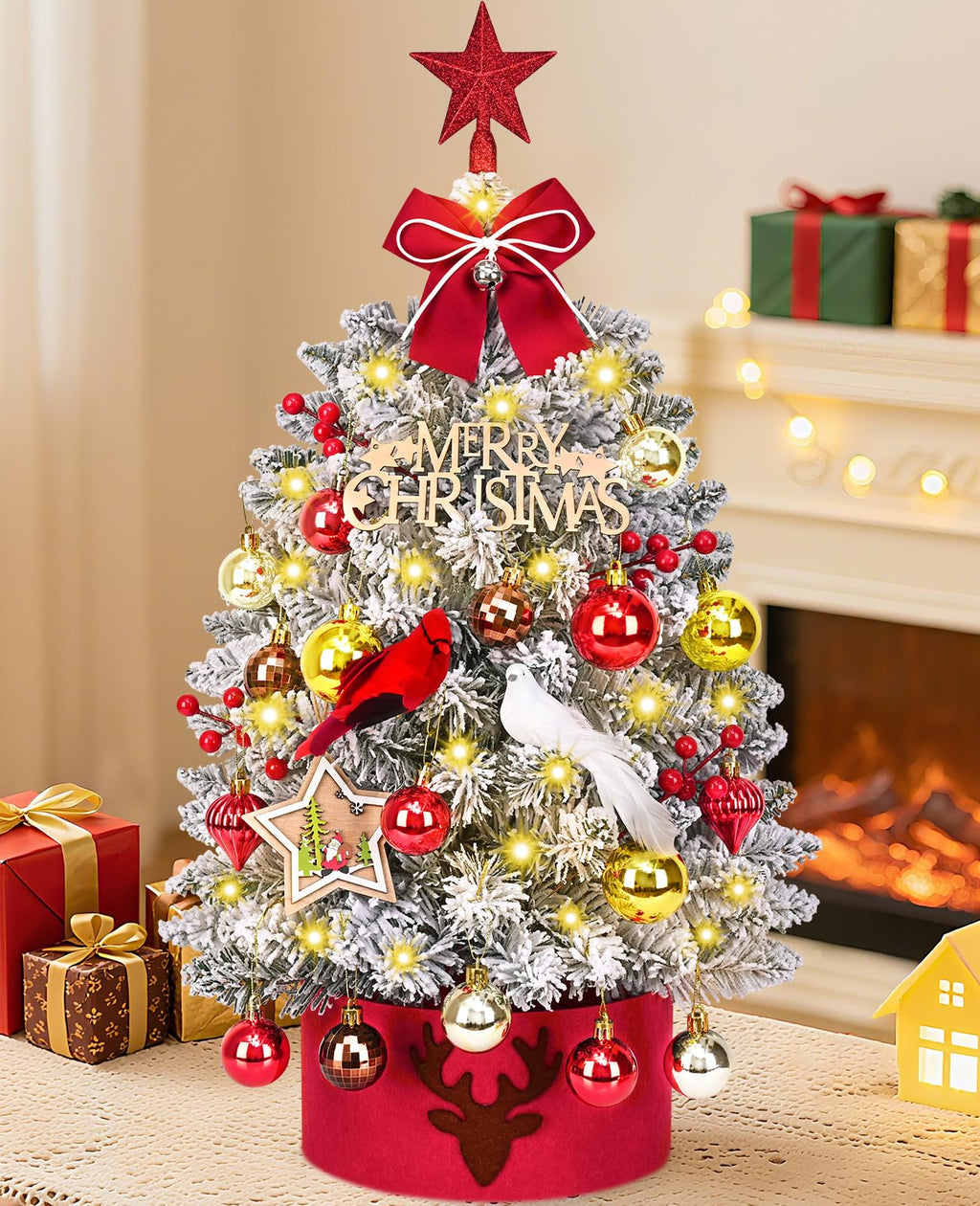 MARTINE MALL 2FT Small Christmas Tree with 30 LED Lights, Snowy Flocked Mini Christmas Tree Artificial Tabletop Xmas Trees with Cardinal Birds Red Bow Star Hanging Ornaments for Table Desk Small Space