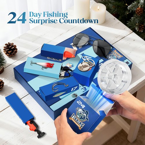 Fishing Advent Calendar 2025 for Men, 24 Days Christmas Countdown Fishing Lure Advent Calendars with Rod Holder, Landing Net, Fish Gripper, Hook, Bait - Christmas Gifts for Father, Husband, Boyfriend