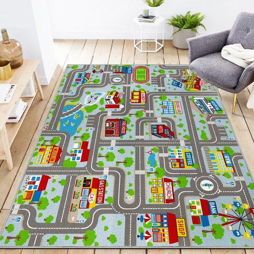 Kids Carpet Playmat Rug 5'0''x6'6'', Kids Rugs for Bedroom, Non-Slip Town City Road Map Car Rugs for Kids Toy Cars, Track Carpet Play Rug for Playroom Classroom Decor (Sky Blue)