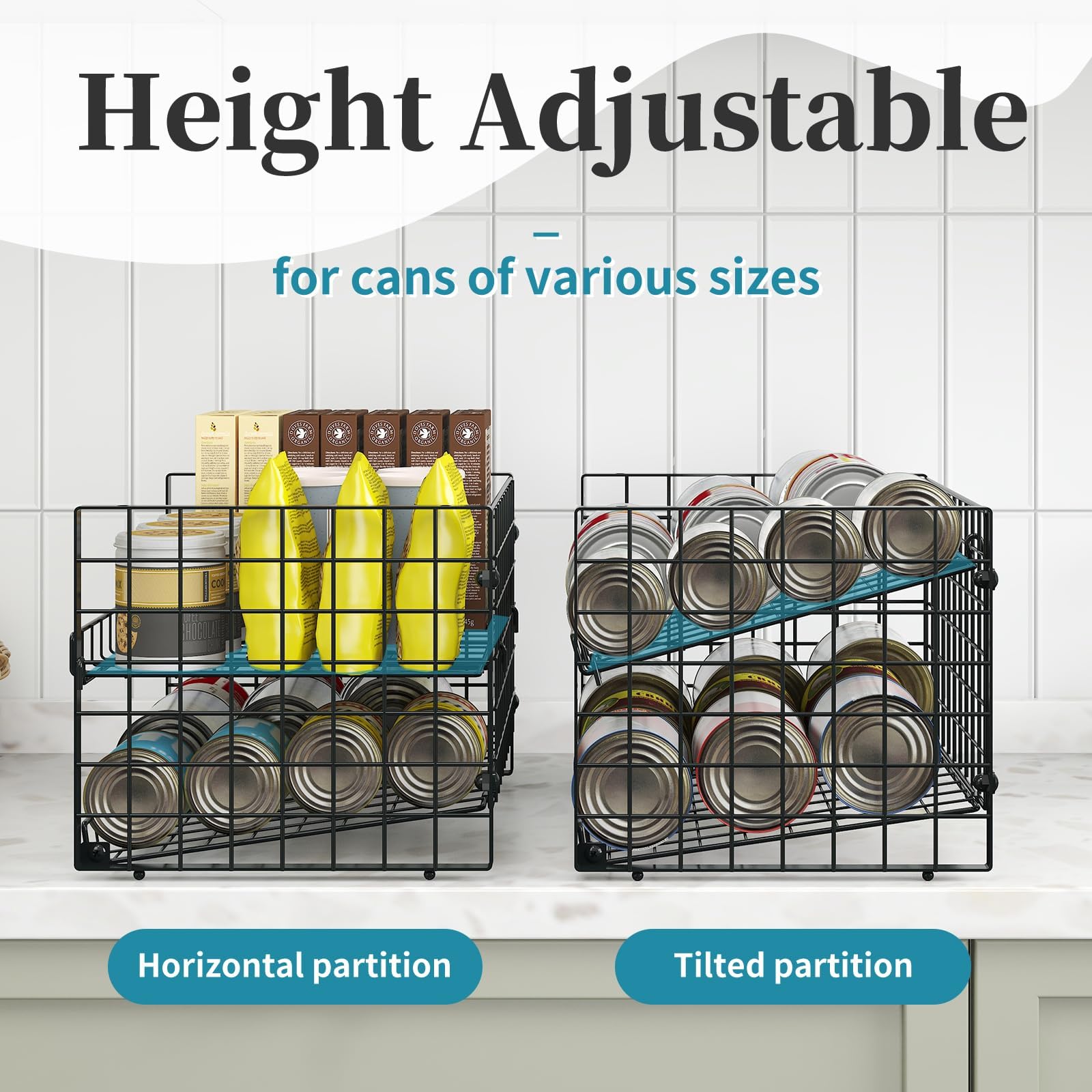 Sbanmao 2-Pack Stackable Can Organizer for Pantry, Adjustable Can Holder Rack for Canned Food Soda Drink Goods Storage up to 36 Cans Storage, 2 Tier, Black
