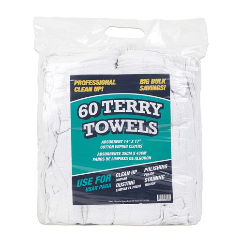 Arkwright TT60 Terry Cloth Towels for Cleaning - (Pack of 60) 100% Cotton Washable Heavy Duty Bar Mop, Absorbent & Quick Drying, Bag of Rags for Kitchen, Auto Shop, and Garage, 14 x 17 in, White